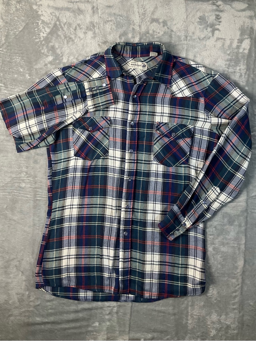 Roebucks Vintage Pearl Snap Flannel Shirt Mens M Blue Red Plaid Sears Western